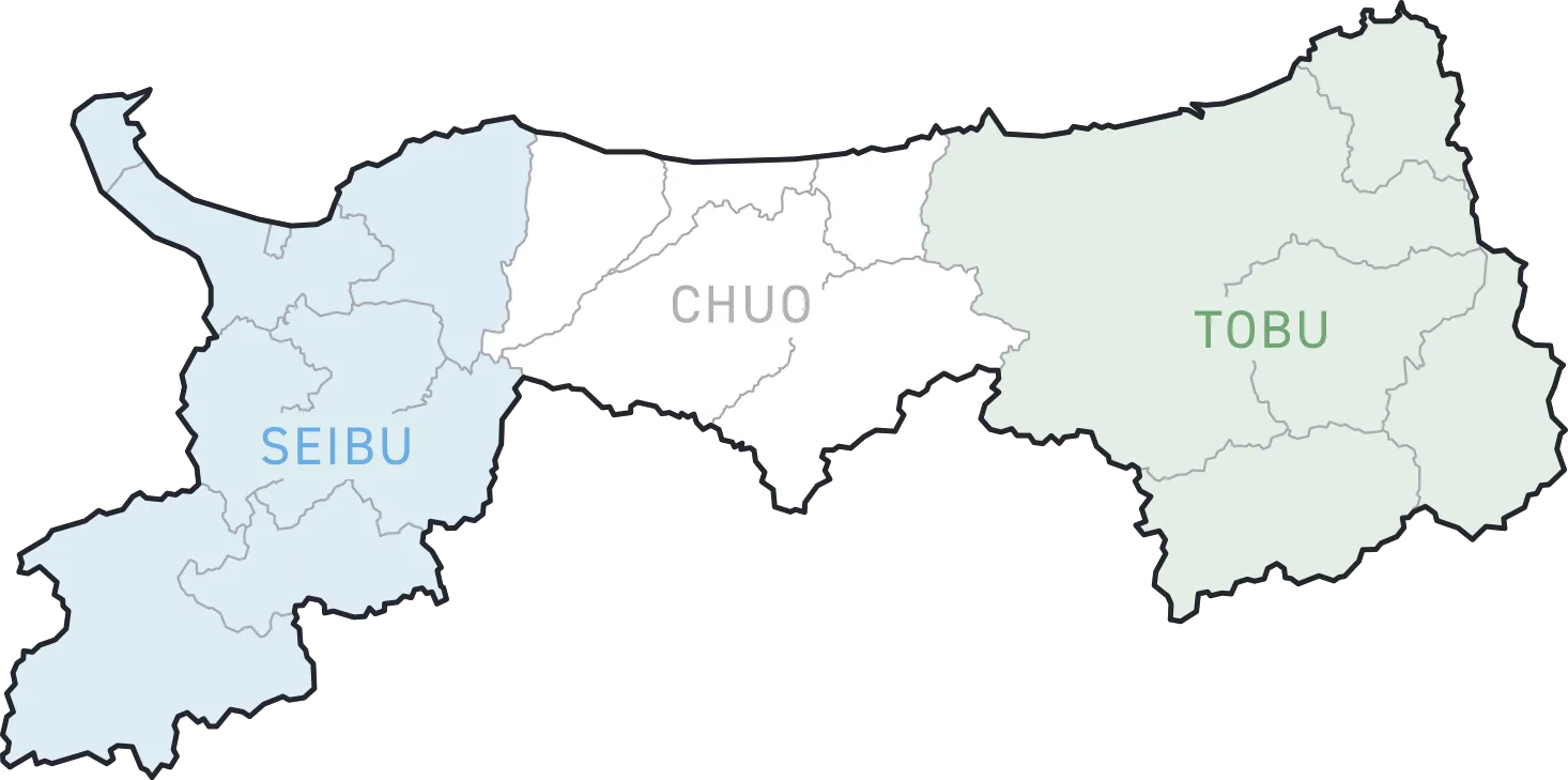 鳥取県の対応エリア地図（西部・中部・東部の3エリアが青・白・緑で色分け）